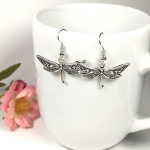 Silver Dragonfly Dangle Earrings